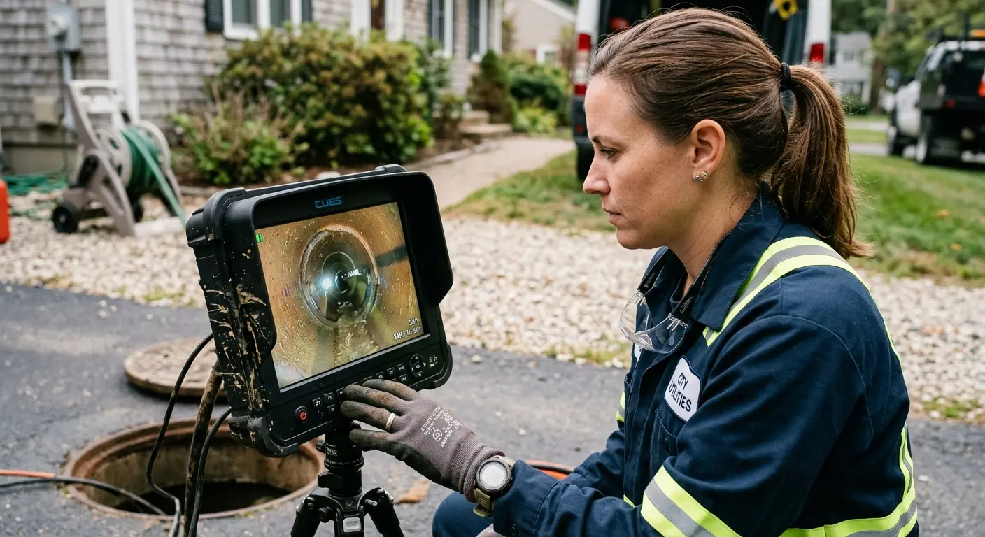Technician reviewing sewer camera inspection footage in Maltby
