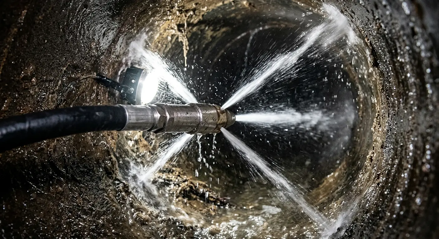 High-pressure hydro jetting nozzle cleaning sewer pipe for Sewer Cleanout in Maltby