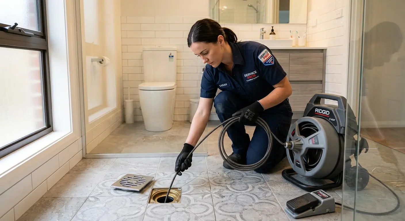 Technician clearing a bathroom floor drain for Drain Cleaning in Maltby
